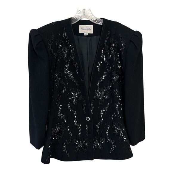 Nolan Miller Jackets & Blazers - Vintage Nolan Miller Beaded Wool Blazer Jacket Black Floral Sequin Embellished S